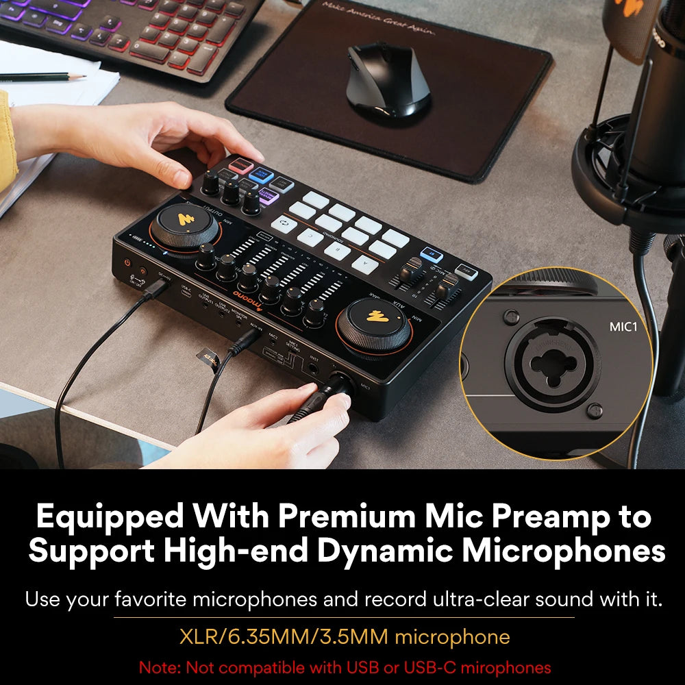 Maono AME2 Sound Card Maonocaster Audio Interface Podcast Equipment Studio All-In-One Mixer for Live Streaming, Guitar, PC