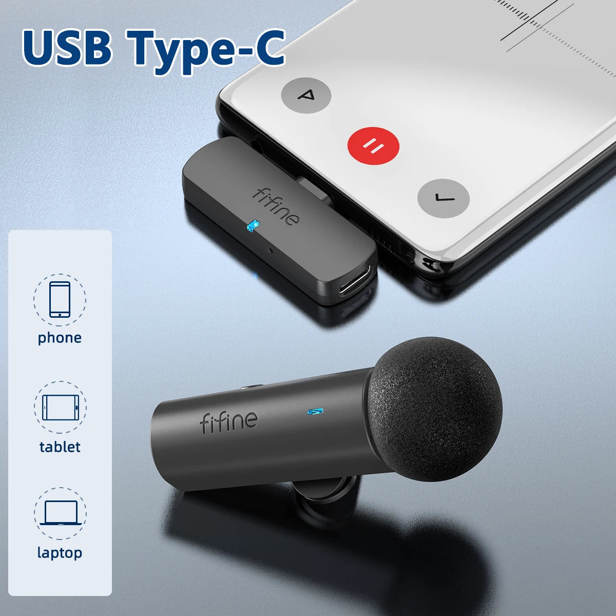 FIFINE Wireless Lavalier Recording Microphone Type-C Mini Mic For Mobile