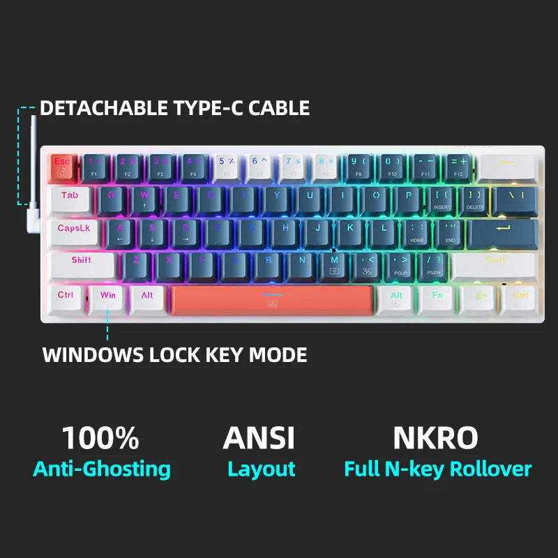 K500-B61 Mini Mechanical Keyboard Wired Full Key Hot-Swappable RGB Backlit