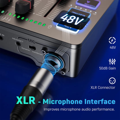 FIFINE Podcast Audio Mixer Streaming 4-Channel RGB Mixer with XLR Microphone Interface