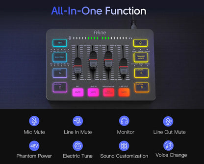 FIFINE Podcast Audio Mixer Streaming 4-Channel RGB Mixer with XLR Microphone Interface