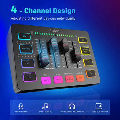 FIFINE Podcast Audio Mixer Streaming 4-Channel RGB Mixer with XLR Microphone Interface