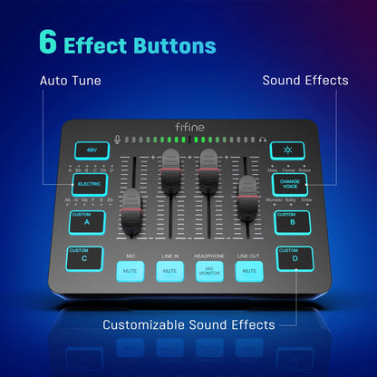 FIFINE Podcast Audio Mixer Streaming 4-Channel RGB Mixer with XLR Microphone Interface